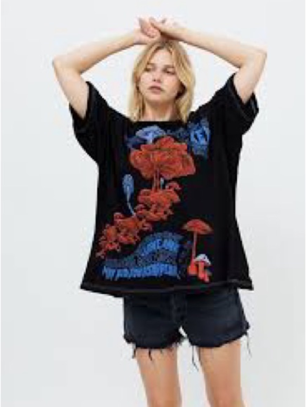 Project Social T Black Oversized Tee with Red Floral & Blue Graphic